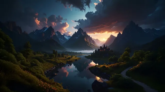 Small castle in a mountain valley under golden clouds with river reflections.