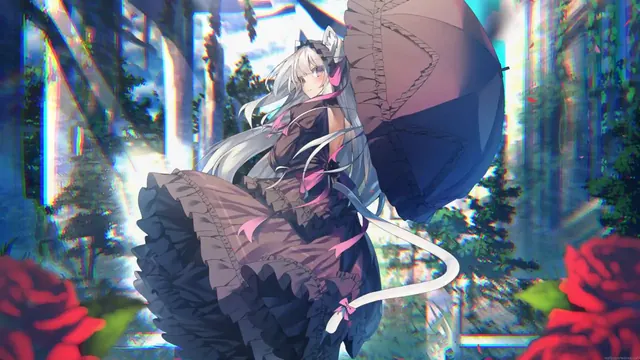 Gothic anime girl holding an umbrella in a garden setting