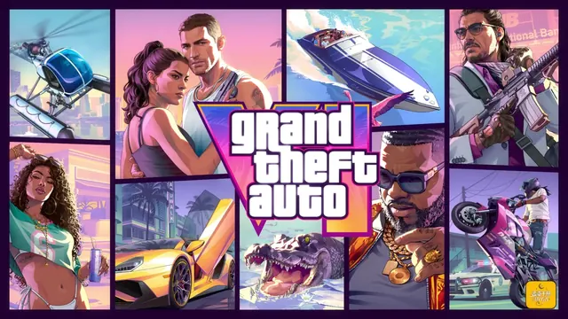 Neon collage of Leonida scenes inspired by Grand Theft Auto VI