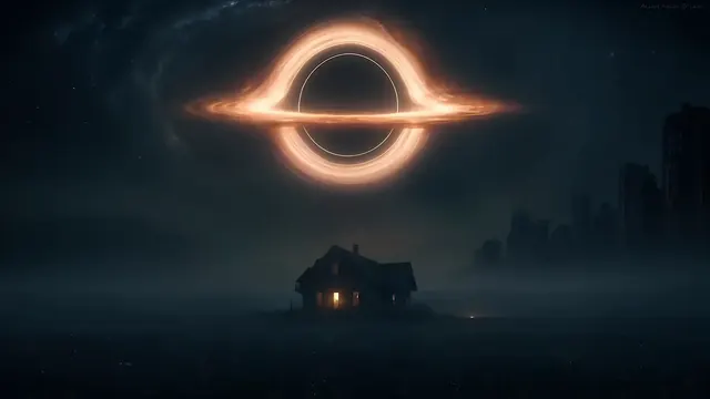 Small house beneath the bright ring of an immense black hole