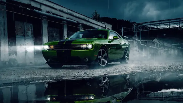 Green Dodge Challenger SRT with black stripes in urban rain and mist