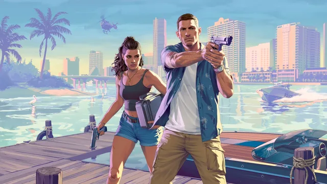 Cinematic GTA 6-inspired action getaway scene set in Vice City at sunset