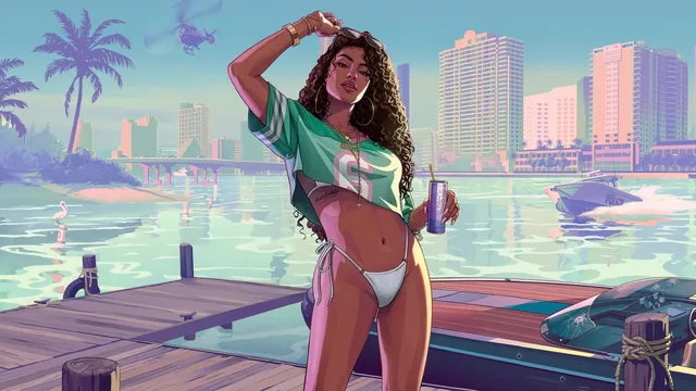 Figure on a Vice City dock with clear water, speedboats, palm trees and skyscrapers