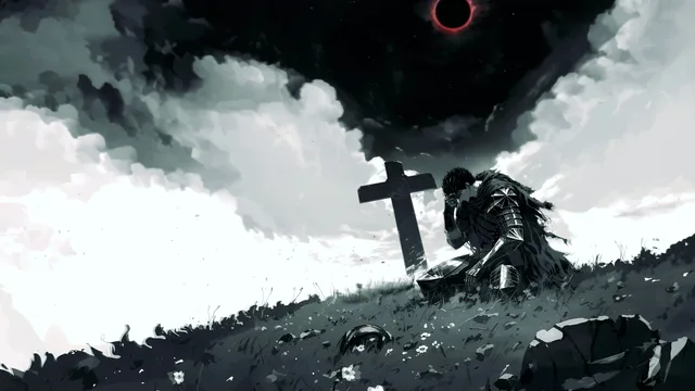Guts beside a massive sword in a misty monochrome graveyard