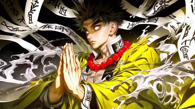 Gyomei Himejima with prayer beads and sutras in a composed spiritual stance