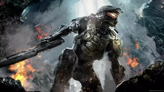 Master Chief in green MJOLNIR armor lit by cool blue Halo light against deep space