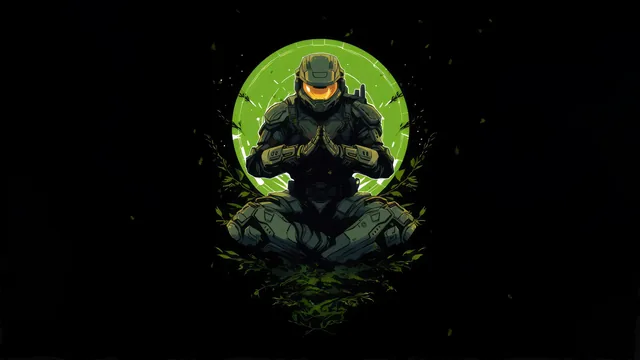 Master Chief in Spartan armor meditating before a glowing green halo