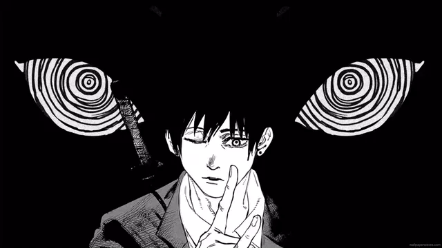 Hayakawa Aki in black and white at the center of a rotating spiral pattern