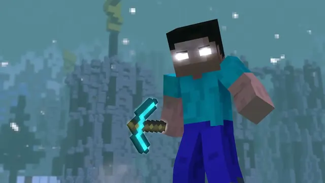 Herobrine with glowing white eyes and a diamond pickaxe in Minecraft fog