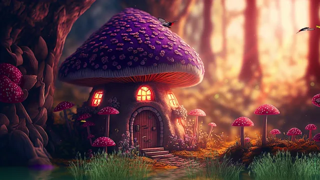 Glowing mushroom cottage in an amber forest with flying butterflies
