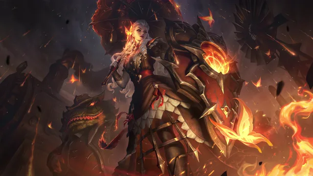 High Noon Leona in molten armor beside the Infernal Warden amid a blazing battlefield