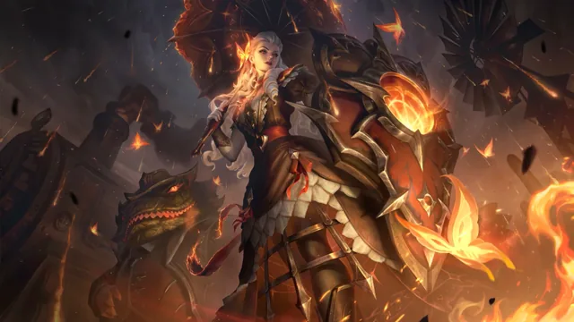 High Noon Leona and Infernal Warden in a fiery wild-west battlefield.