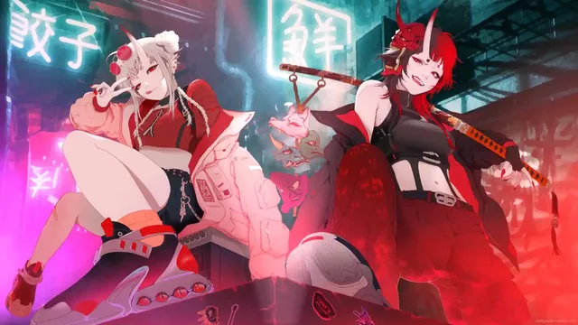 Hinoko and Liloro in a cyberpunk night city 4K live wallpaper