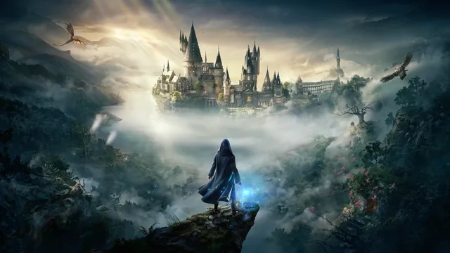 Young wizard overlooking sunlit Hogwarts Castle from a misty cliff.