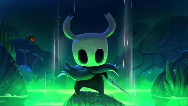 The Knight from Hollow Knight holding a nail weapon against a glowing green background