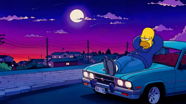 Homer reclining on a blue car beneath a full moon