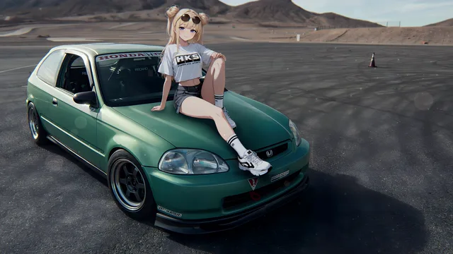 Green Honda Civic EK hatchback with an anime girl sitting on the hood at a mountain racetrack