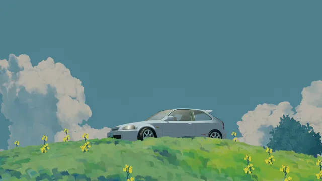 Silver Honda Civic on a green meadow beneath large painted clouds