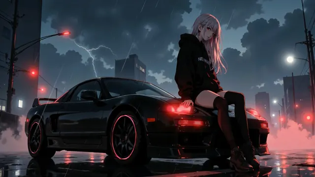 Honda NSX NA1 beside an anime character on a rainy neon street