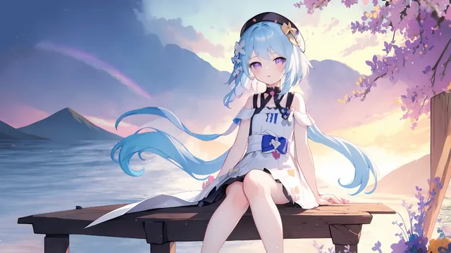 Griseo from Honkai Impact 3rd sitting on a wooden dock beside a lake at sunset