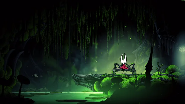Hornet in a dark green cavern with falling luminous streaks