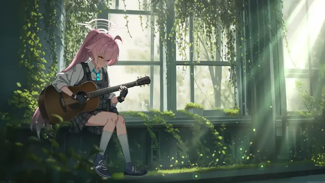 Hoshino playing guitar in a Blue Archive live wallpaper