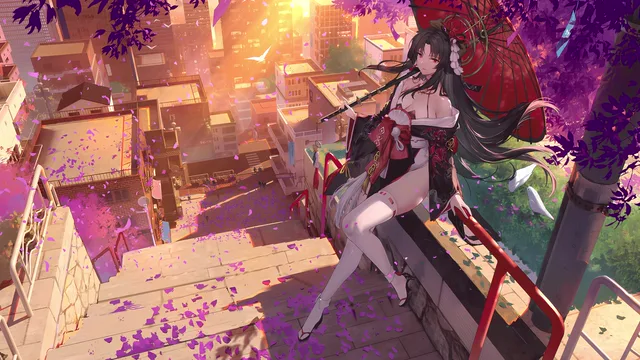 Hotori seated above a sunset city with a red paper umbrella
