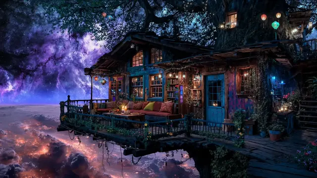 Lantern-lit wooden cabin above clouds at the edge of a galaxy