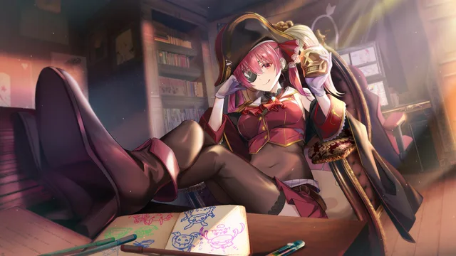 Houshou Marine reclining in a sunlit pirate captain's chamber