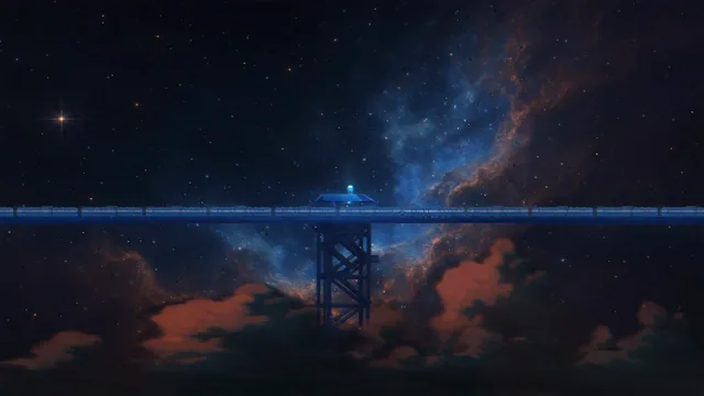 Vintage train car on elevated tracks moving through a glowing cosmic nebula and star field