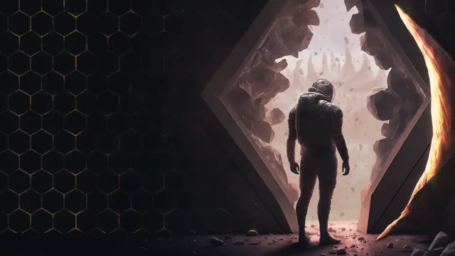 Lone astronaut before a glowing cosmic gateway framed by alien stone