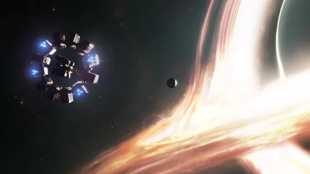 Dark spherical black hole with bending gold and white light rings in deep space