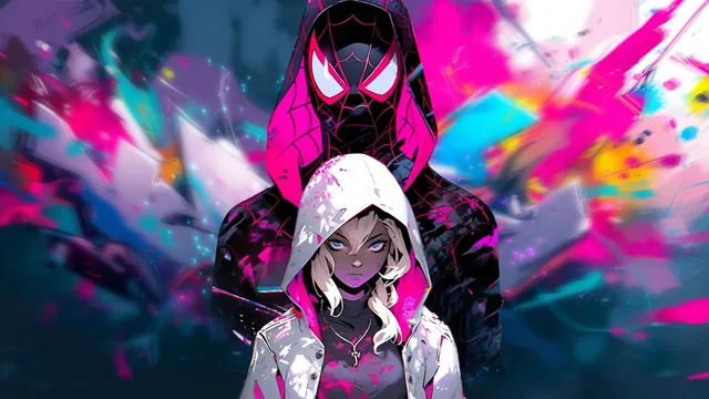 Two hooded spider heroes framed by neon color in a comic-style multiverse scene