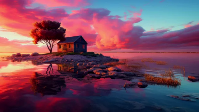 Small cabin on an isolated island under vivid pink and orange sunset clouds