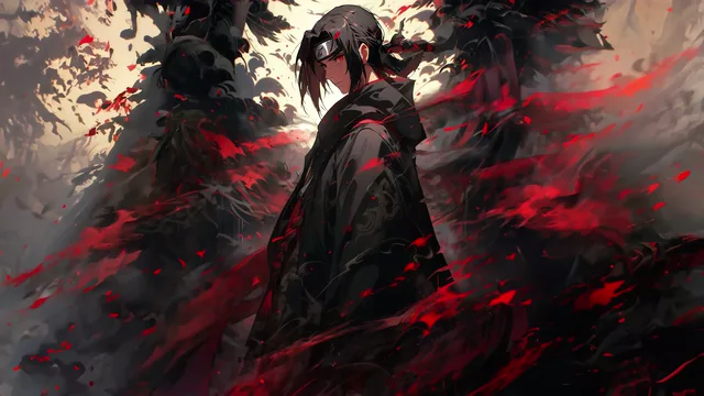 Itachi Uchiha surrounded by crimson streaks and dark smoke