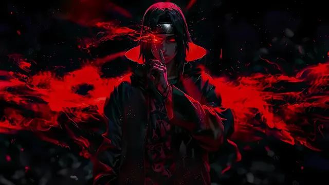 Itachi Uchiha emerging from darkness with crimson haze around his figure