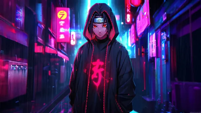 Itachi Uchiha with a cyberpunk theme in a 4K anime live wallpaper.