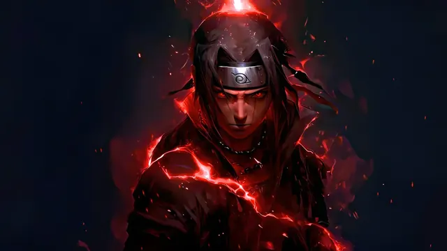 Itachi Uchiha framed by crimson fire with his Sharingan glowing