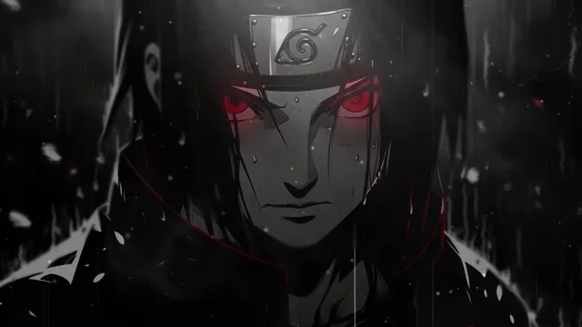 Itachi Uchiha in falling rain with glowing red Sharingan eyes against black and muted gray