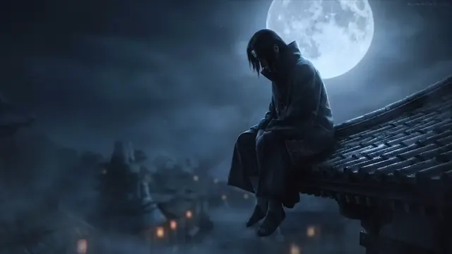 Itachi Uchiha seated above a village under a bright full moon at night