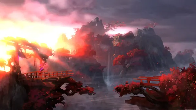 Japanese-inspired fantasy forest opening toward a distant mountainscape