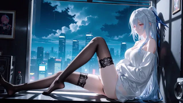 Jingliu standing on a ledge above a neon-lit Honkai city skyline at night