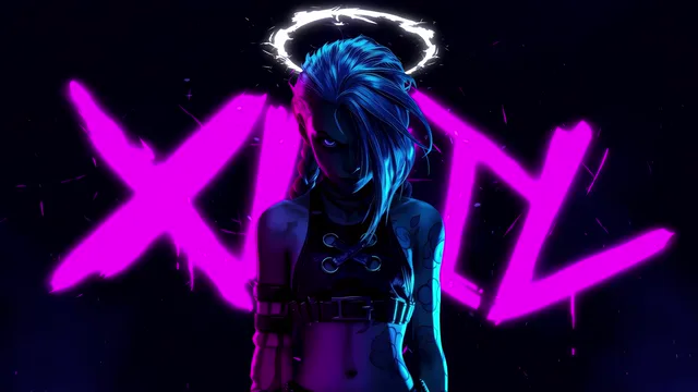 Jinx glowing with neon-blue energy in an Arcane-inspired Zaun portrait