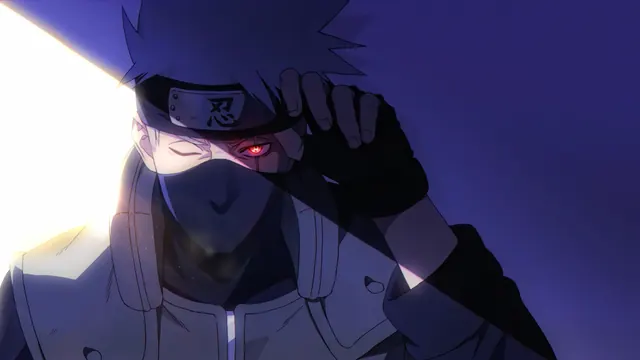 Masked Kakashi Hatake revealing his red Sharingan beneath a dramatic glow