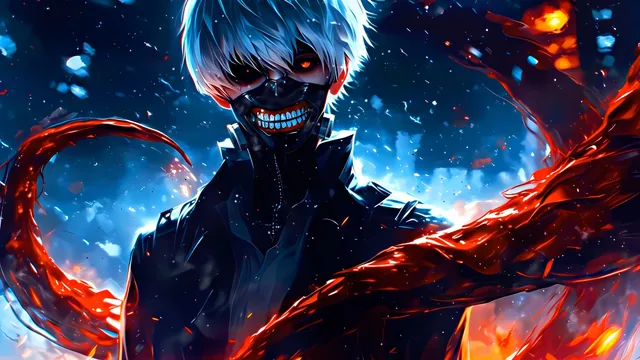 Kaneki from Tokyo Ghoul wearing his mask with glowing red eyes and Kagune around him