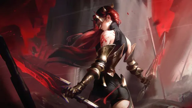 Katarina from League of Legends holding dual blades as petals fall around her