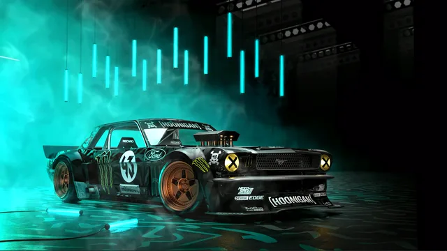 Ken Block’s Hoonicorn Mustang amid cyan light bars and turquoise haze