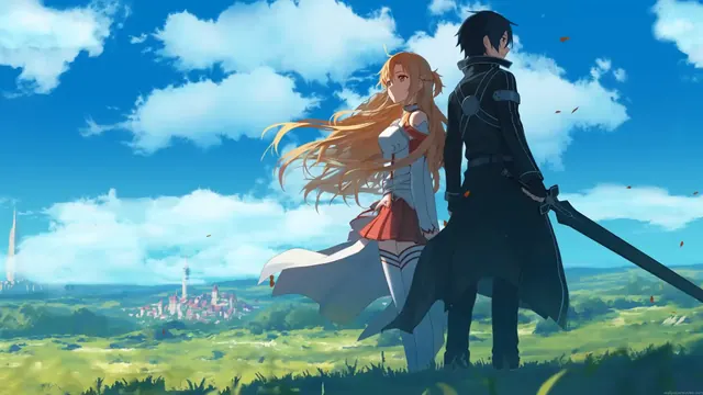 Kirito and Asuna together in a Sword Art Online landscape