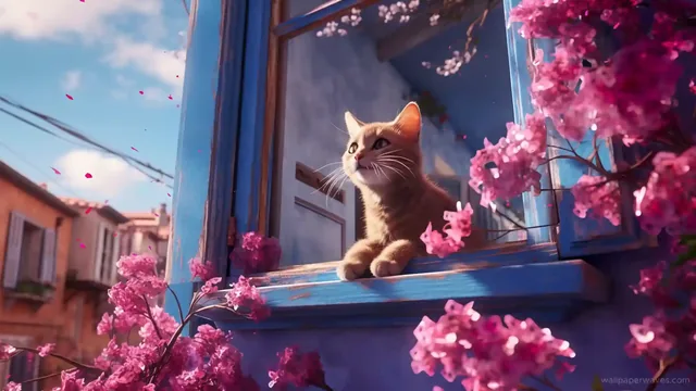 Kitty with flower petals in a gentle 4K animal live wallpaper scene