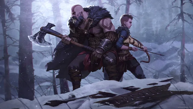 Kratos and Atreus back-to-back in a snowy forest
